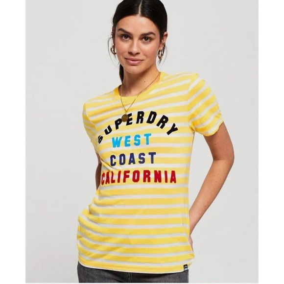 Superdry West Coast Stripe T-Shirt Yellow Size 4 NWT - Picture 1 of 14